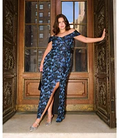 Adrianna Papell Plus Size Off-The-Shoulder Jacquard Sheath Gown