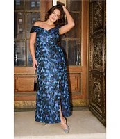 Adrianna Papell Plus Size Off-The-Shoulder Jacquard Sheath Gown