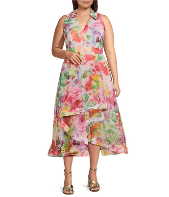 Adrianna Papell Plus Size Organza Collared V-Neck Sleeveless High-Low Hem Floral Print A-Line Dress
