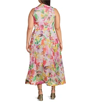 Adrianna Papell Plus Size Organza Collared V-Neck Sleeveless High-Low Hem Floral Print A-Line Dress