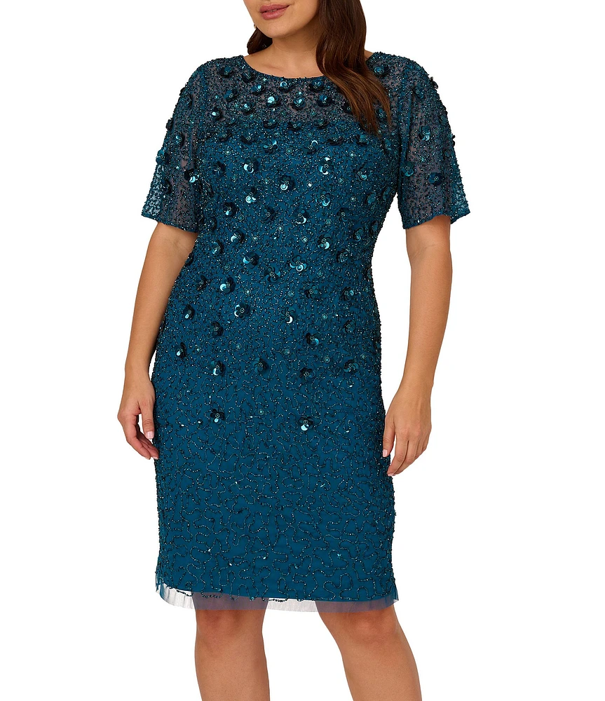 Adrianna Papell Plus Size Short Sleeve Floral Applique Round Neck Beaded Sheath Dress