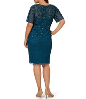 Adrianna Papell Plus Size Short Sleeve Floral Applique Round Neck Beaded Sheath Dress