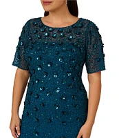 Adrianna Papell Plus Size Short Sleeve Floral Applique Round Neck Beaded Sheath Dress