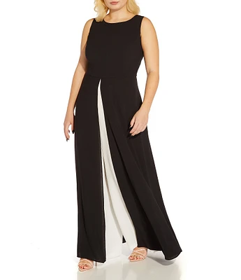 Adrianna Papell Plus Size Sleeveless Crew Neck Overlay Jumpsuit