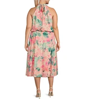 Adrianna Papell Plus Size Sleeveless Halter Neck Floral Printed Chiffon Midi Dress