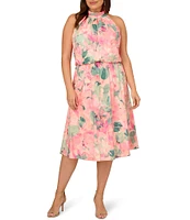 Adrianna Papell Plus Size Sleeveless Halter Neck Floral Printed Chiffon Midi Dress