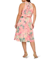 Adrianna Papell Plus Size Sleeveless Halter Neck Floral Printed Chiffon Midi Dress