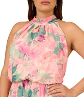 Adrianna Papell Plus Size Sleeveless Halter Neck Floral Printed Chiffon Midi Dress