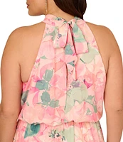 Adrianna Papell Plus Size Sleeveless Halter Neck Floral Printed Chiffon Midi Dress