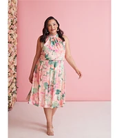 Adrianna Papell Plus Size Sleeveless Halter Neck Floral Printed Chiffon Midi Dress