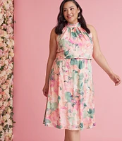 Adrianna Papell Plus Size Sleeveless Halter Neck Floral Printed Chiffon Midi Dress