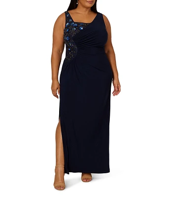Adrianna Papell Plus Size Sleeveless Long Beaded Jersey Dress