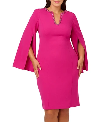 Adrianna Papell Plus Size Solid Crepe Jewel Embellished Split V-Neck Long Sleeve Sheath Dress