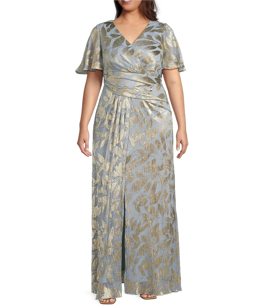 Adrianna Papell Plus Size V-Neck Flutter Sleeve Foil Leaf Printed Gown