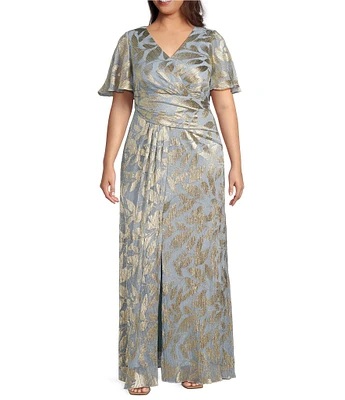 Adrianna Papell Plus Size V-Neck Flutter Sleeve Foil Leaf Printed Gown