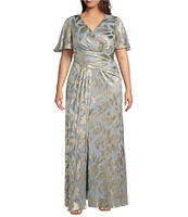 Adrianna Papell Plus Size V-Neck Flutter Sleeve Foil Leaf Printed Gown