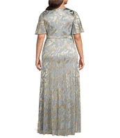 Adrianna Papell Plus Size V-Neck Flutter Sleeve Foil Leaf Printed Gown
