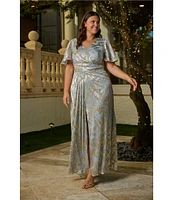 Adrianna Papell Plus Size V-Neck Flutter Sleeve Foil Leaf Printed Gown