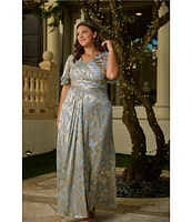 Adrianna Papell Plus Size V-Neck Flutter Sleeve Foil Leaf Printed Gown