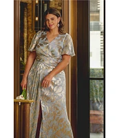 Adrianna Papell Plus Size V-Neck Flutter Sleeve Foil Leaf Printed Gown