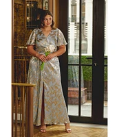 Adrianna Papell Plus Size V-Neck Flutter Sleeve Foil Leaf Printed Gown