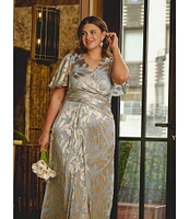 Adrianna Papell Plus Size V-Neck Flutter Sleeve Foil Leaf Printed Gown