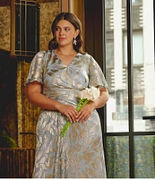 Adrianna Papell Plus Size V-Neck Flutter Sleeve Foil Leaf Printed Gown