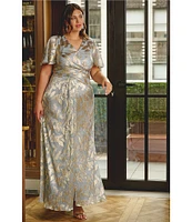 Adrianna Papell Plus Size V-Neck Flutter Sleeve Foil Leaf Printed Gown
