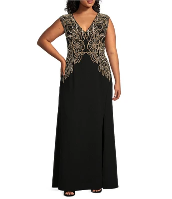 Adrianna Papell Plus Size V-Neck Sleeveless Beaded Crepe Gown