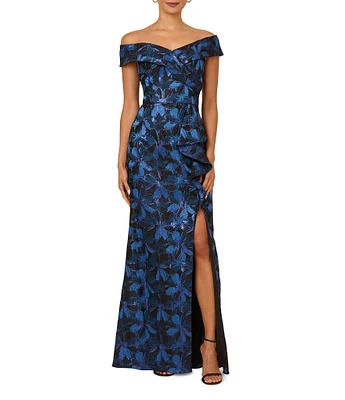 Adrianna Papell Printed Jacquard Off-The-Shoulder Cap Sleeve Sheath Dress