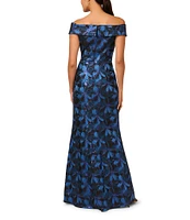 Adrianna Papell Printed Jacquard Off-The-Shoulder Cap Sleeve Sheath Dress