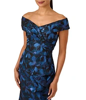 Adrianna Papell Printed Jacquard Off-The-Shoulder Cap Sleeve Sheath Dress