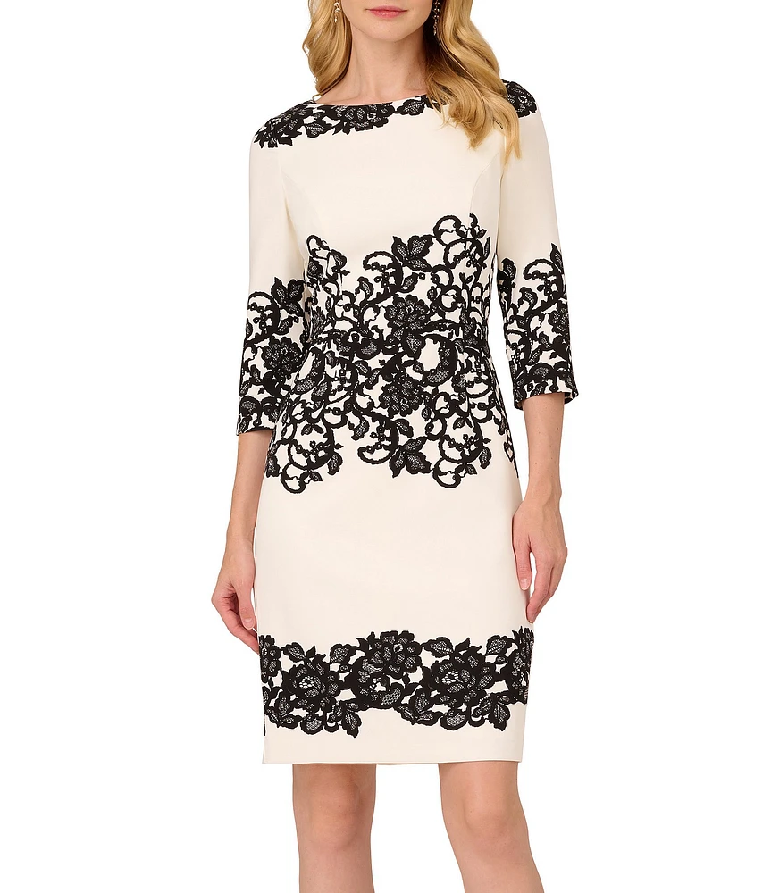 Adrianna Papell Printed Stretch Boat Neck 3/4 Sleeve Crepe Lace Sheath Dress