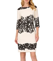 Adrianna Papell Printed Stretch Boat Neck 3/4 Sleeve Crepe Lace Sheath Dress