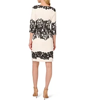 Adrianna Papell Printed Stretch Boat Neck 3/4 Sleeve Crepe Lace Sheath Dress