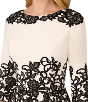 Adrianna Papell Printed Stretch Boat Neck 3/4 Sleeve Crepe Lace Sheath Dress