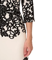 Adrianna Papell Printed Stretch Boat Neck 3/4 Sleeve Crepe Lace Sheath Dress