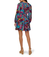 Adrianna by Adrianna Papell Rayon Floral Print V-Neck Long Sleeve Smocked Ruffle Hem Mini Dress