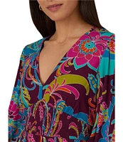 Adrianna by Adrianna Papell Rayon Floral Print V-Neck Long Sleeve Smocked Ruffle Hem Mini Dress