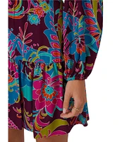 Adrianna by Adrianna Papell Rayon Floral Print V-Neck Long Sleeve Smocked Ruffle Hem Mini Dress