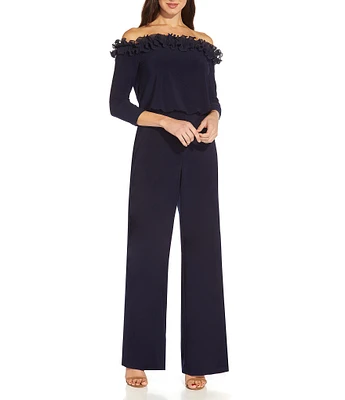 Adrianna Papell Ruffle Off-the-Shoulder 3/4 Sleeve Jersey Jumpsuit