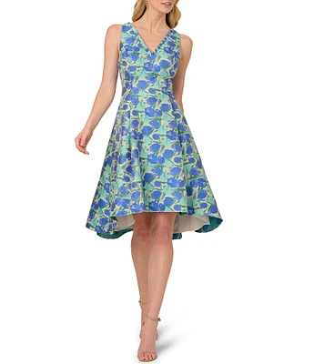 Adrianna Papell Ruffle V-Neck Abstract Floral Jacquard A-Line Hi Lo Dress