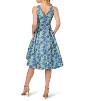 Adrianna Papell Ruffle V-Neck Abstract Floral Jacquard A-Line Hi Lo Dress