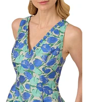 Adrianna Papell Ruffle V-Neck Abstract Floral Jacquard A-Line Hi Lo Dress