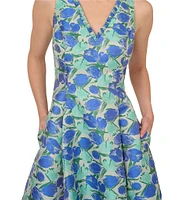 Adrianna Papell Ruffle V-Neck Abstract Floral Jacquard A-Line Hi Lo Dress