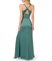 Adrianna Papell Satin Crepe Square Neck Sleeveless Sheath Gown