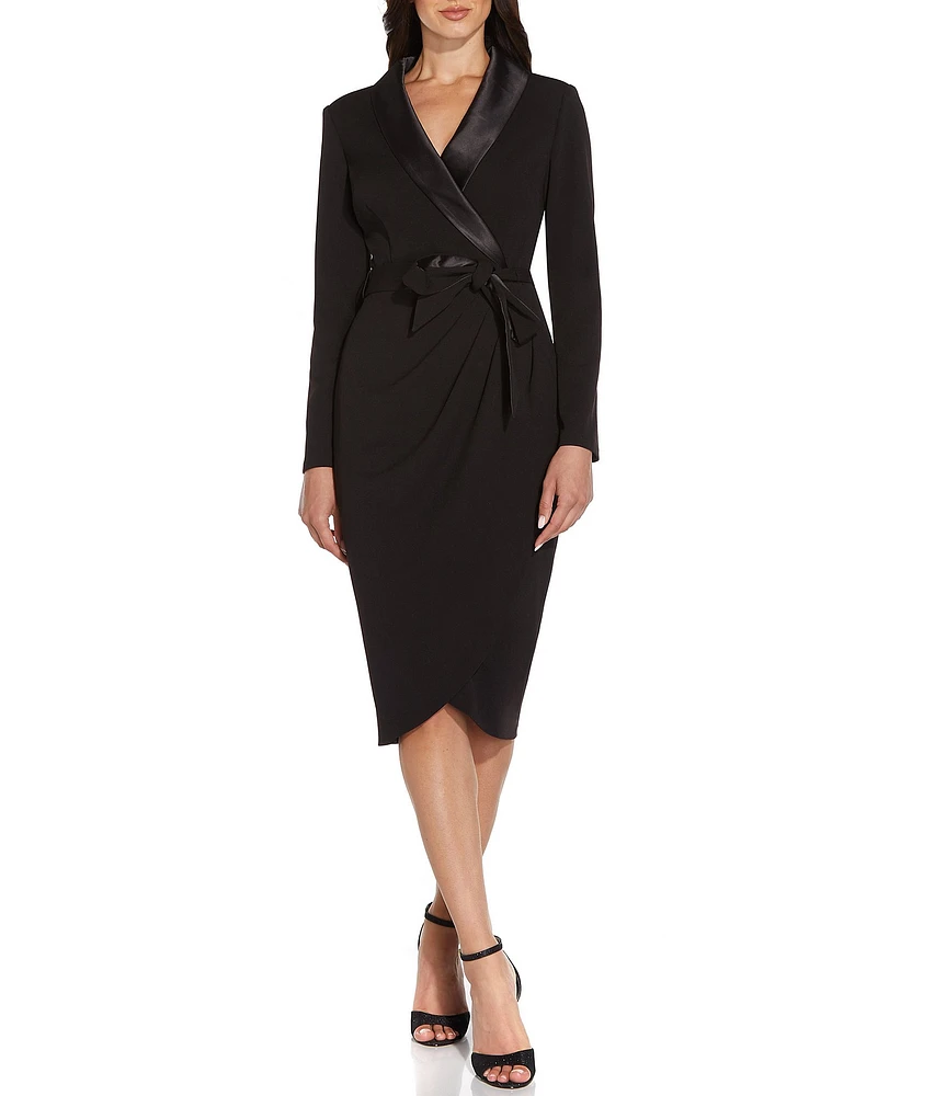 Adrianna Papell Satin Lapel Long Sleeve Wrap Tuxedo Dress