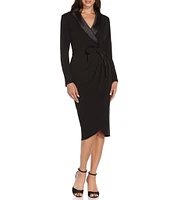 Adrianna Papell Satin Lapel Long Sleeve Wrap Tuxedo Dress