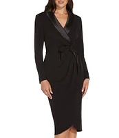 Adrianna Papell Satin Lapel Long Sleeve Wrap Tuxedo Dress