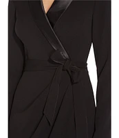 Adrianna Papell Satin Lapel Long Sleeve Wrap Tuxedo Dress